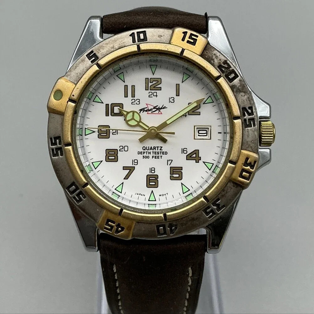 Freestyle Mens Watch 40mm White Dial Brown Leather Rotating Bezel New Battery